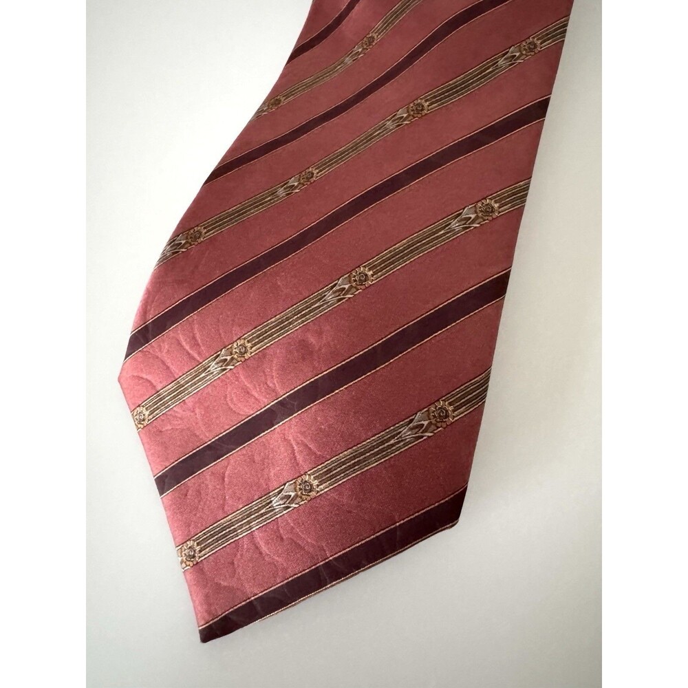 Lanvin Paris 100% Silk Tie Embossed Pink Gold Burgundy Striped Made in France